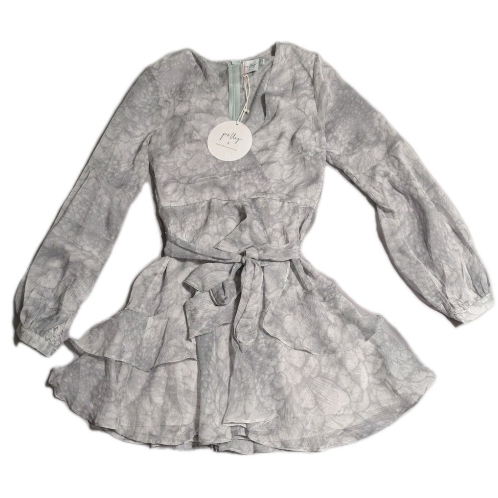 Princess Polly Emlina Mini Dress Womens US 4 Gray Floral Wrap Ruffle‎ NWT